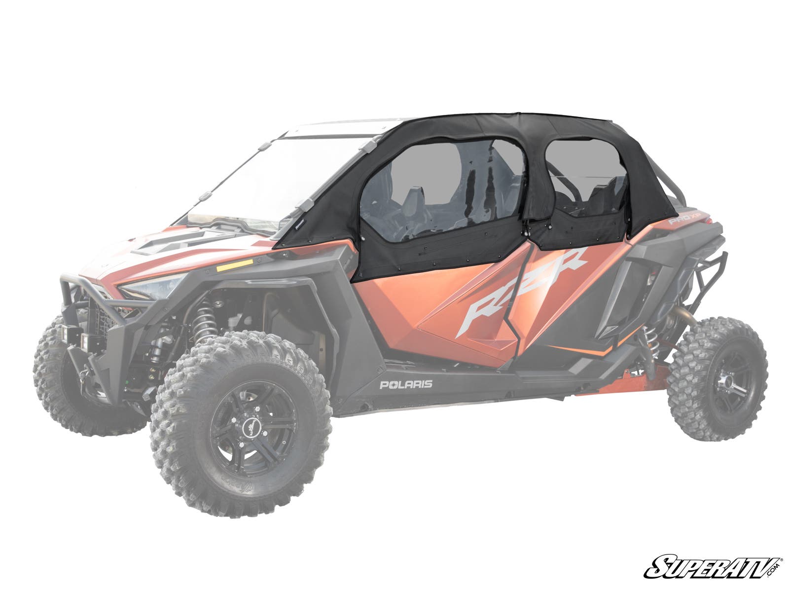 A Polaris RZR Turbo R 4 with bold red and black body, featuring RZR and POLARIS branding, is shown equipped with Primal Soft Cab Enclosure Upper Doors. Large rugged tires stand out as the background and rest of the vehicle are faded.