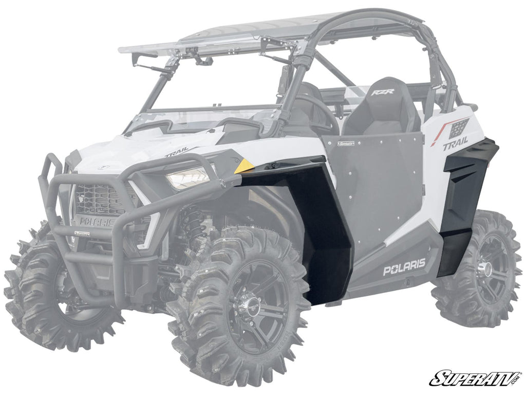 A white Polaris off-road vehicle features bold, angular Polaris RZR Trail 900 Fender Flares by SuperATV highlighted on the front and rear wheel arches, with the rest of the vehicle faded out to emphasize trail protection.