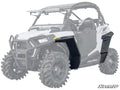 A white Polaris off-road vehicle features bold, angular Polaris RZR Trail 900 Fender Flares by SuperATV highlighted on the front and rear wheel arches, with the rest of the vehicle faded out to emphasize trail protection.