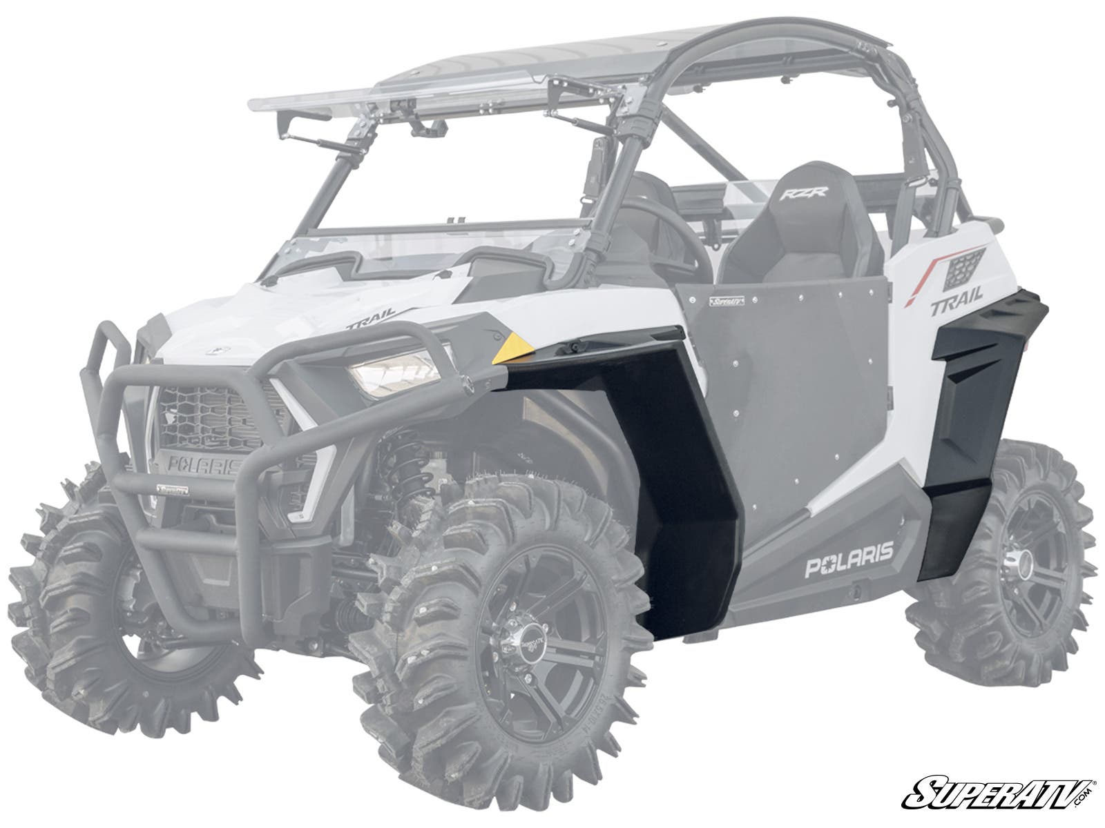 A white Polaris RZR Trail S 1000 is shown with black Polaris RZR Trail S 1000 Fender Flares installed, which are highlighted in solid black while the rest of the vehicle is faded. The SuperATV logo appears in the lower right corner.
