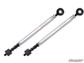 Two Polaris RZR XP Turbo Billet Aluminum Hex Tie Rods with black spherical rod ends are displayed diagonally on a white background, featuring the SuperATV logo engraving and threaded lower ends with black hardware.