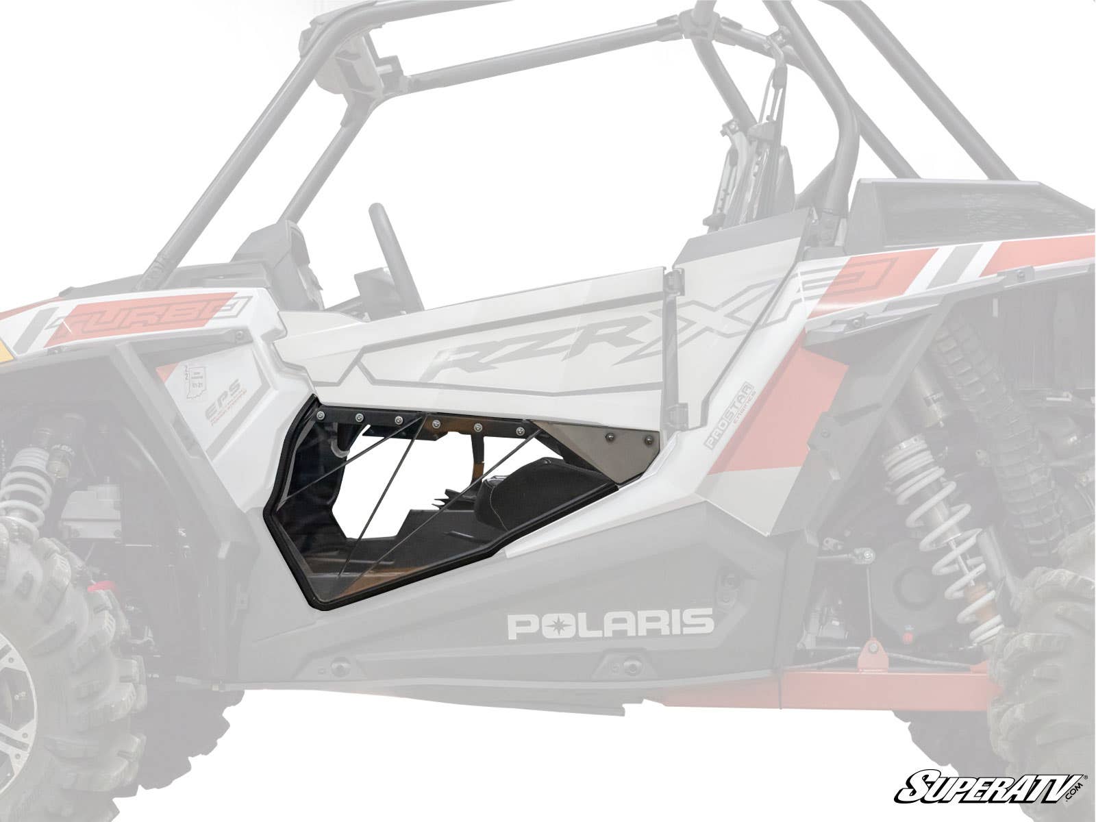 A close-up highlights Polaris RZR 900 S Clear Lower Doors installed on the drivers side, revealing the vehicles interior through a geometric cutout. The rest of the off-road vehicle is faded, with a SuperATV logo in the bottom right.