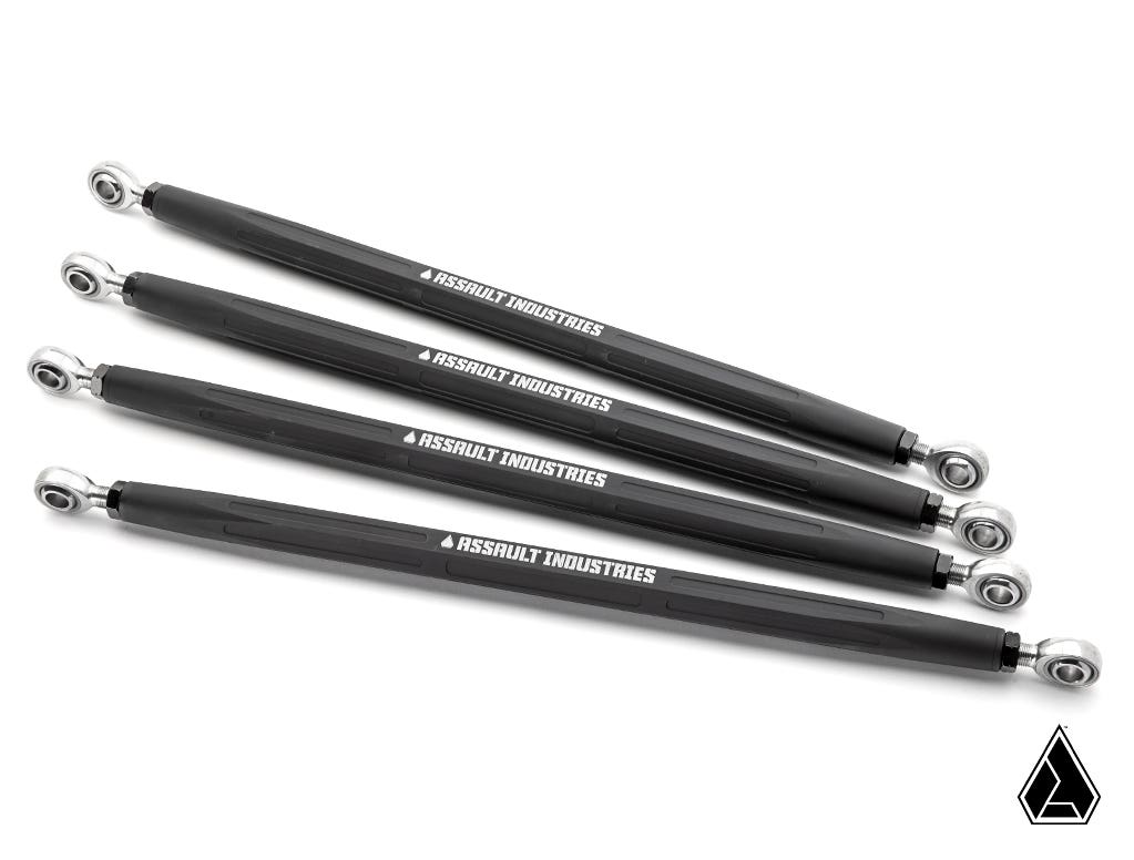 Four black Assault Industries Polaris RZR XP 1000 Turret Style Quick Camber Radius Rods with silver adjustable ends are arranged diagonally on a white background. Each rod features ASSAULT INDUSTRIES text; the logo appears bottom right.