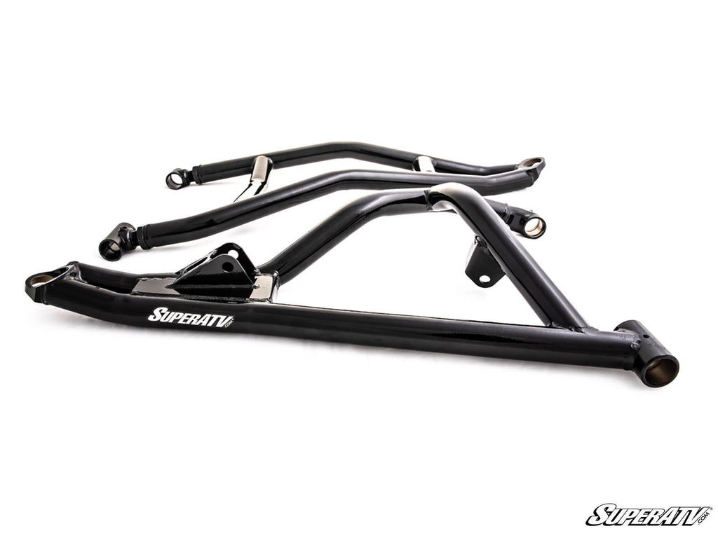 Two black metal Polaris RZR Turbo S High Clearance 1.5 Offset A-Arms feature tubular construction, angled and welded design, mounting brackets, and a white SuperATV logo on the side. The parts are photographed against a plain white background.