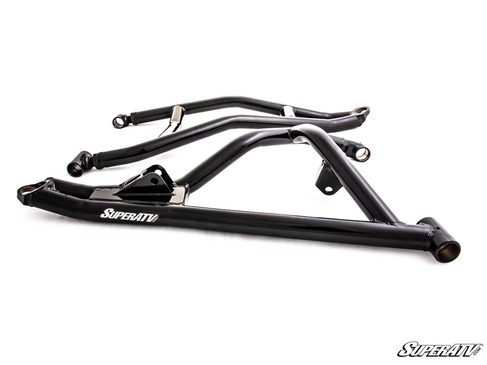 Two black metal Polaris RZR Turbo S High Clearance 1.5 Offset A-Arms feature tubular construction, angled and welded design, mounting brackets, and a white SuperATV logo on the side. The parts are photographed against a plain white background.