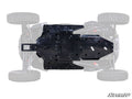 Top-down view of a black Polaris RZR XP Turbo S Full Skid Plate, custom-fit and partially transparent to reveal vehicle details. Four large rugged tires are visible at the corners, with the “SuperATV” logo in the bottom right corner.
