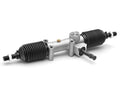 The Polaris RZR XP Turbo S RackBoss 2.0 Rack and Pinion features a silver metal body, black rubber bellows on each end, an input shaft on one side, and mounting brackets, shown clean and isolated on a white background.