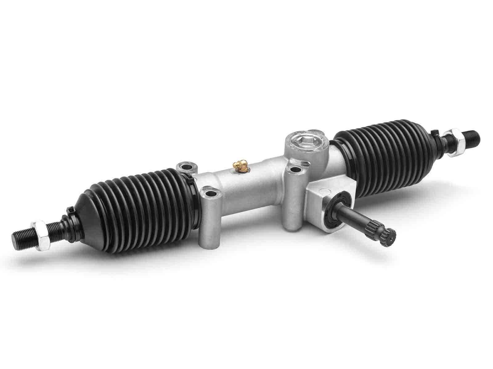 The Polaris RZR XP Turbo S RackBoss 2.0 Rack and Pinion features a silver metal body, black rubber bellows on each end, an input shaft on one side, and mounting brackets, shown clean and isolated on a white background.