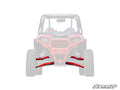 A front view of a red off-road UTV shows the Polaris RZR XP Turbo High Clearance Boxed A-Arms in bright red attached to the front wheels, with most of the image faded and the SuperATV logo in the lower right corner.