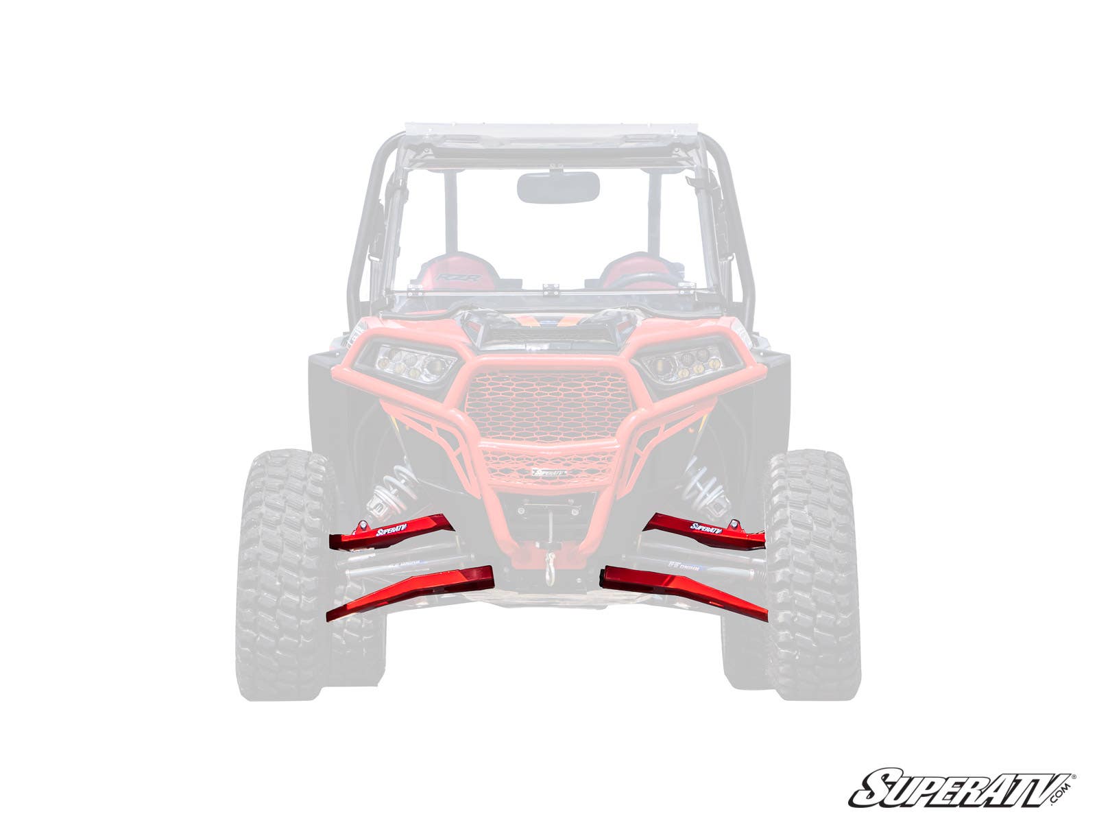 A front view of a red off-road UTV shows the Polaris RZR XP Turbo High Clearance Boxed A-Arms in bright red attached to the front wheels, with most of the image faded and the SuperATV logo in the lower right corner.