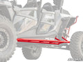 A black Polaris side-by-side with Polaris RZR XP 4 1000 Tree Kickers in bright red installed along the lower sides is pictured. The accessory stands out as backgrounds and parts are faded, and the SuperATV logo is in the corner.