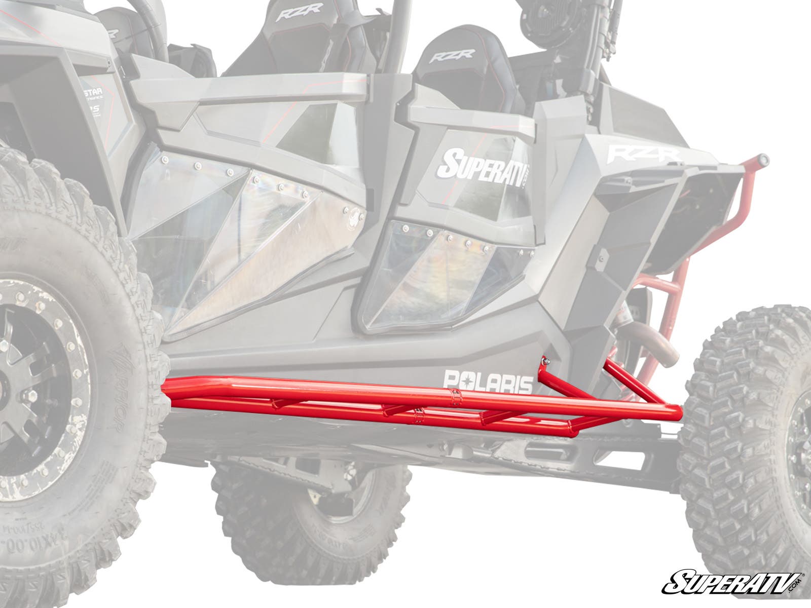 A black Polaris side-by-side with Polaris RZR XP 4 1000 Tree Kickers in bright red installed along the lower sides is pictured. The accessory stands out as backgrounds and parts are faded, and the SuperATV logo is in the corner.