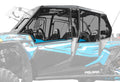 A profile view of a blue and white Polaris RZR XP 4 1000 features Hard Cab Enclosure Upper Doors with black frames and clear windows, showing the seats and steering wheel inside. The lower body is faded to emphasize the doors and windows.