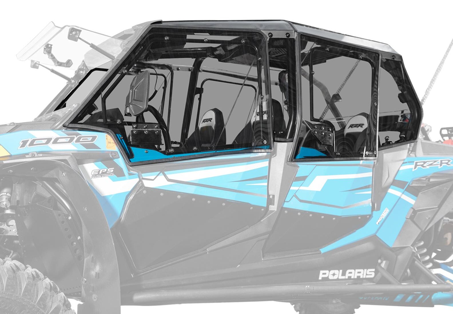 A close-up side view of Polaris RZR XP 4 Turbo Hard Cab Enclosure Upper Doors with blue, black, and white graphics, highlighting the clear framed doors and roof while parts of the vehicle are faded out to showcase interior seats and steering.