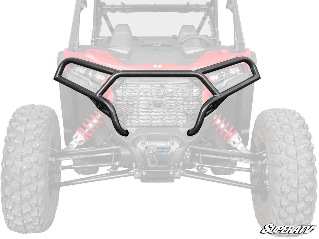 A Polaris RZR XP Front Bumper, black and tubular, is shown in full color on a greyed-out side-by-side UTV with large knobby tires, visible suspension coils, and the SuperATV logo in the bottom right corner.