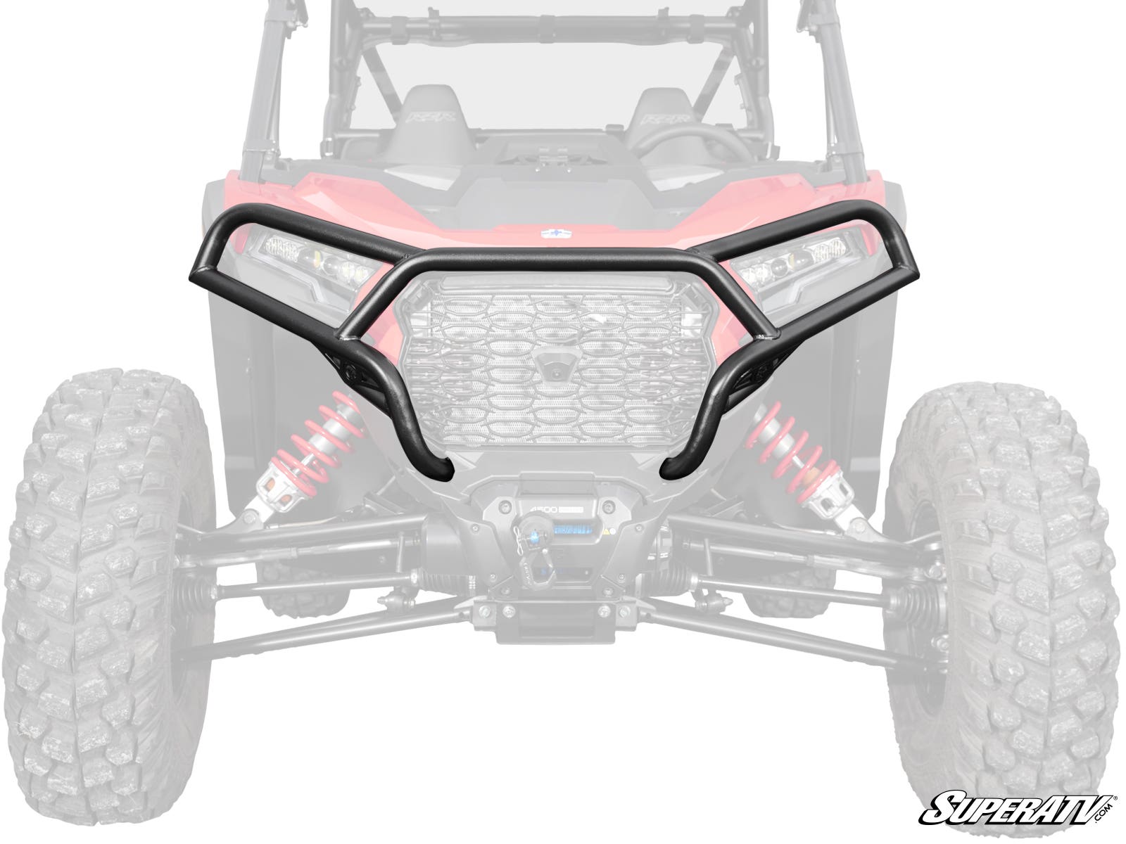 A Polaris RZR XP Front Bumper, black and tubular, is shown in full color on a greyed-out side-by-side UTV with large knobby tires, visible suspension coils, and the SuperATV logo in the bottom right corner.