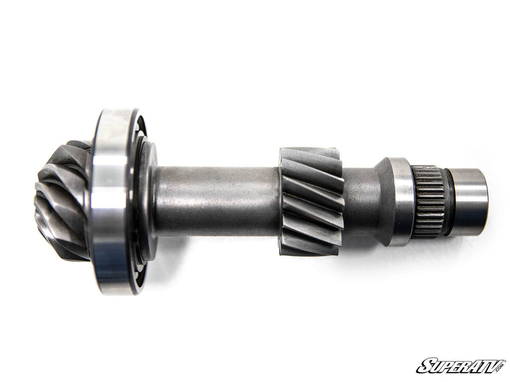 A Polaris RZR Pinion Shaft and Snorkel Gear Kit, featuring a metal helical bevel pinion gear shaft with splined ends and a bearing, is displayed horizontally on a white background with the “SuperATV” logo in the bottom right corner.