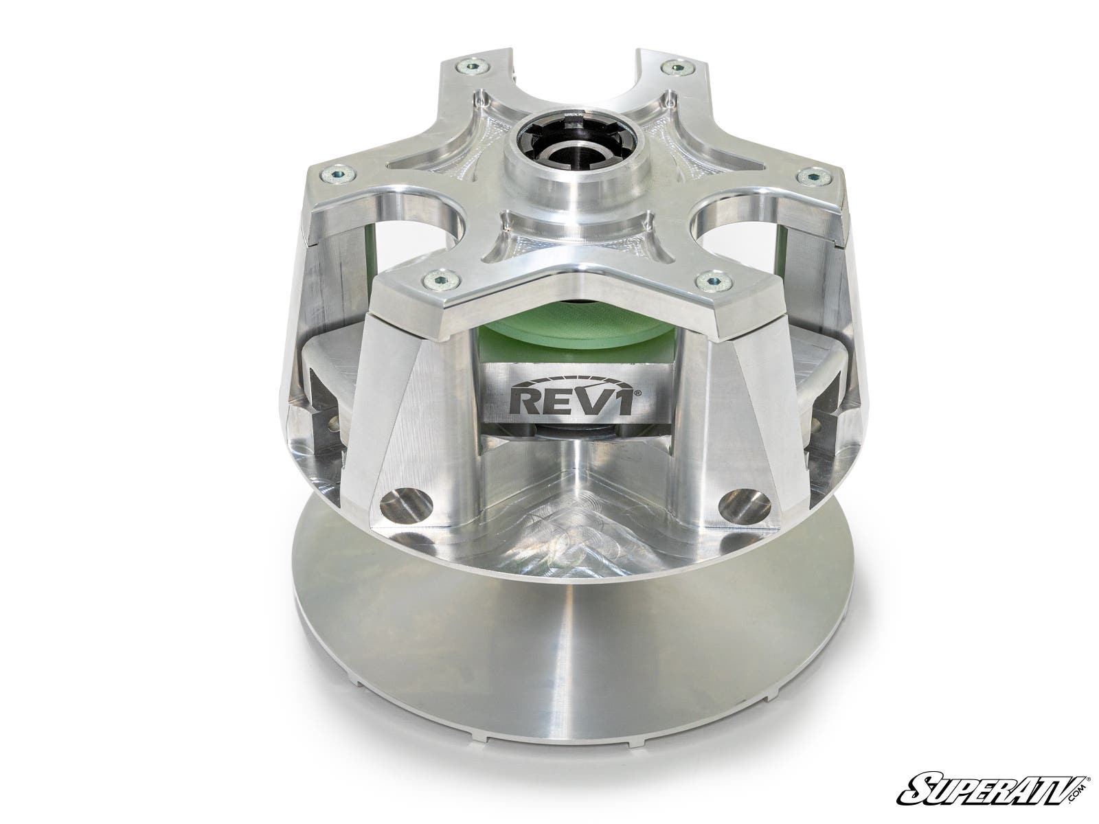 A polished, machined metal Polaris RZR XP Turbo Primary Clutch Assembly with a cylindrical, open design and visible bolt holes. Geometric cutouts and the SuperATV logo are displayed on a plain white background.