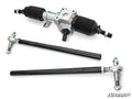 The Polaris RZR Trail S 900 RackBoss 2.0 Rack and Pinion, featuring a metal steering rack with black rubber boots and two long black tie rods with silver ball joint ends, is displayed on a white background with the SuperATV logo in the bottom right corner