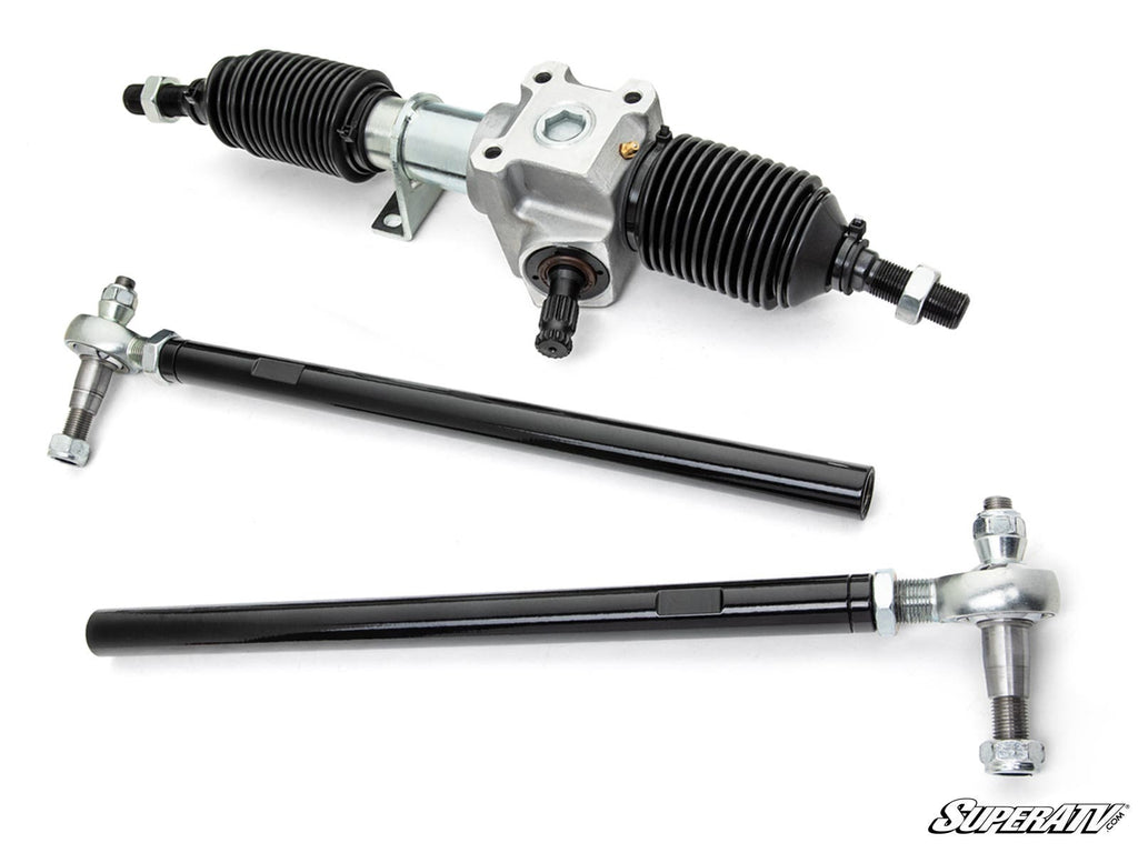 The Polaris General 1000 RackBoss 2.0 Rack and Pinion features a metal steering assembly with two black accordion-style rubber boots, long black tie rods with silver ball joints, all on a white background with the “SuperATV” logo at the bottom right.