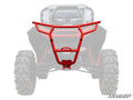 The Polaris RZR XP Turbo S Rear Bumper, featuring a rugged red angular design, is displayed in front of a partially transparent black and red side-by-side. The SuperATV logo appears in the bottom right corner.
