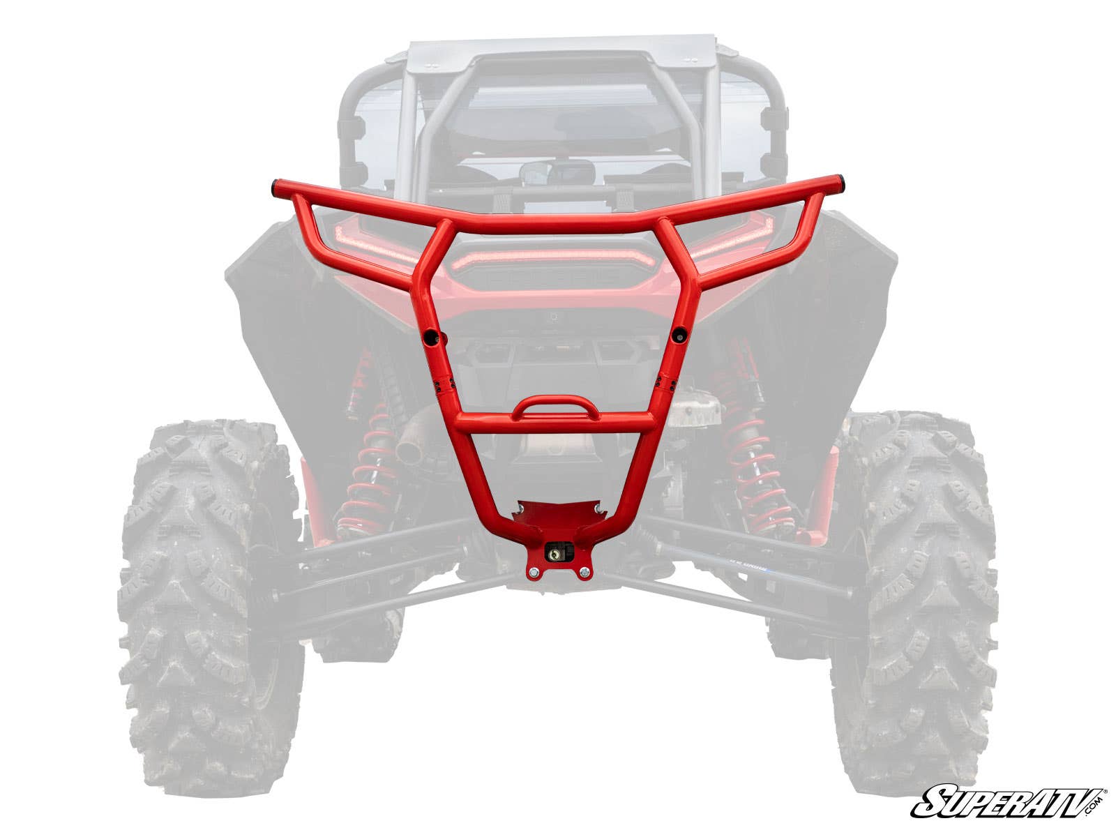 The Polaris RZR XP Turbo S Rear Bumper, featuring a rugged red angular design, is displayed in front of a partially transparent black and red side-by-side. The SuperATV logo appears in the bottom right corner.