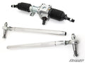 The Polaris RZR XP Turbo RackBoss 2.0 Rack and Pinion, featuring a silver assembly with black boots, is displayed above two shiny silver tie rods with joints on a clean white background, with the SuperATV logo in the corner.