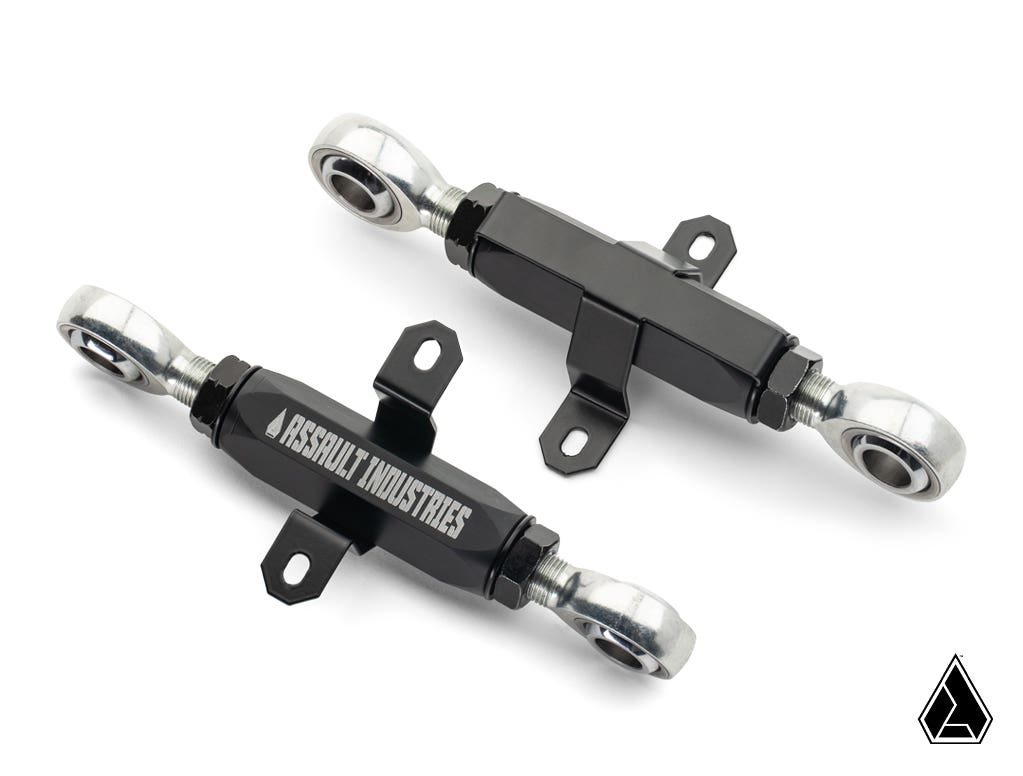 Two black metal Assault Industries Rear Sway Bar End Links (Fits: Polaris RZR Turbo S), each with two silver rod ends and mounting brackets. ASPHALT INDUSTRIES is printed on one link. Displayed on a white surface with a small black triangular logo.