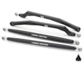 Four black metal Assault Industries Polaris RZR XP High-Clearance Quick-Camber Radius Arms with silver rod ends—two angled, two straight—are displayed on a white background with the Assault Industries logo in the bottom right corner.
