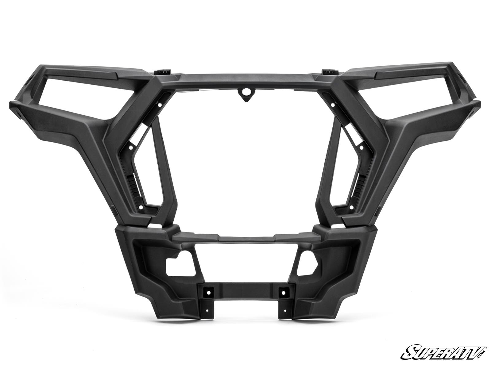 A black, angular plastic frame with geometric cutouts and mounting points—likely the Up & Running Polaris RZR Front Fascia by SuperATV. The SuperATV logo is in the bottom right corner against a plain white background.