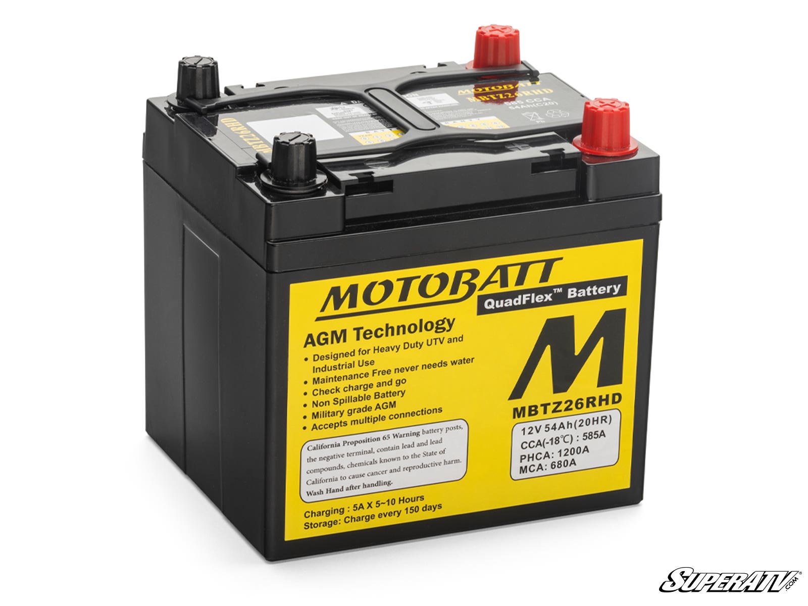 A black Polaris Ranger Motobatt Battery Replacement with a yellow label, bold text, and two red and black top terminals. Label shows model MBTZ26RHD (12V 544Wh/20HR, CCA 510, PHCA 1200, MCA 680A).