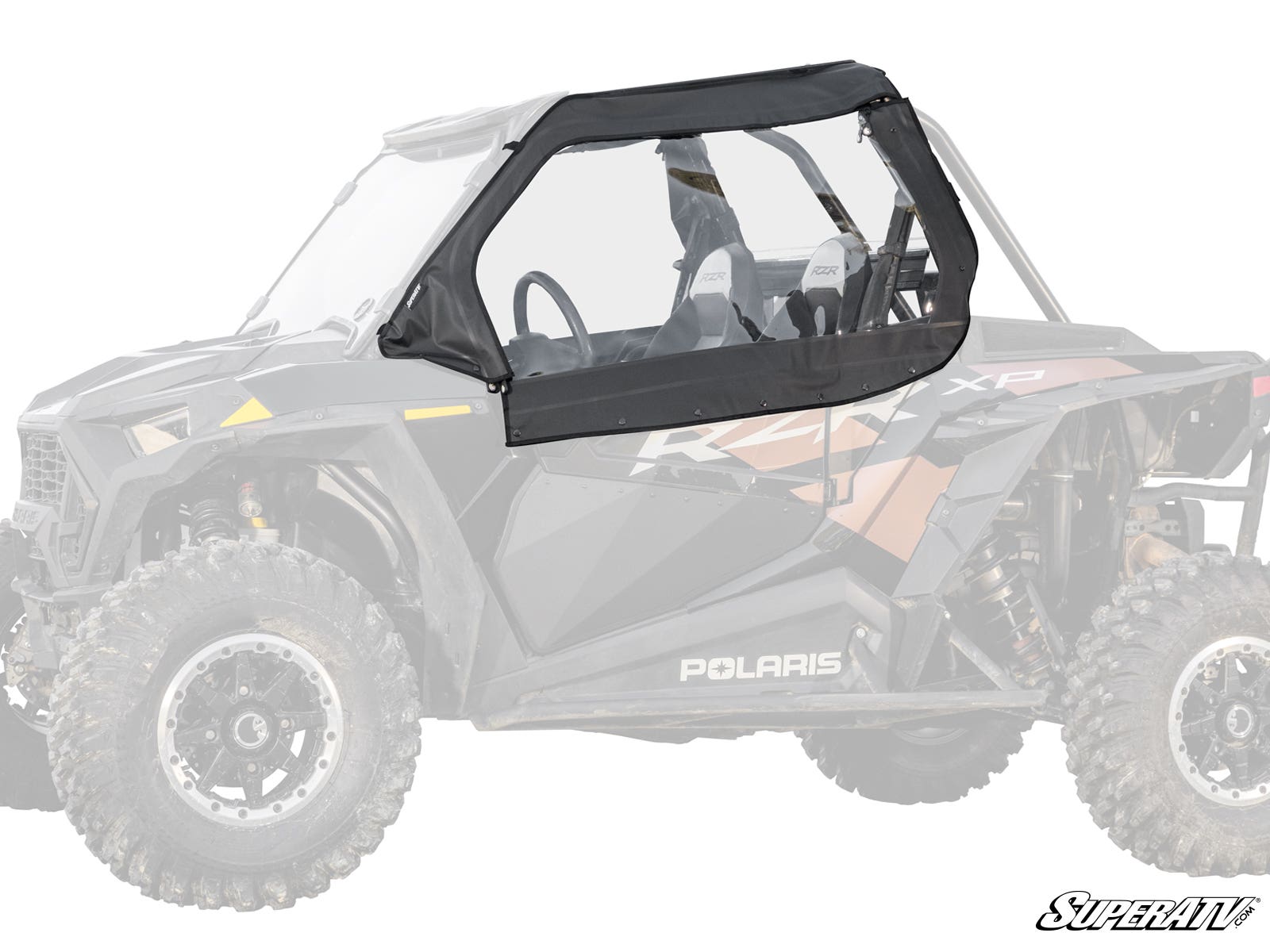 A Polaris RZR XP Turbo Primal Soft Cab Enclosure Upper Door in black with clear windows is installed on a partially faded-out Polaris RZR XP, highlighting the accessory. The SuperATV logo is visible in the bottom right corner.