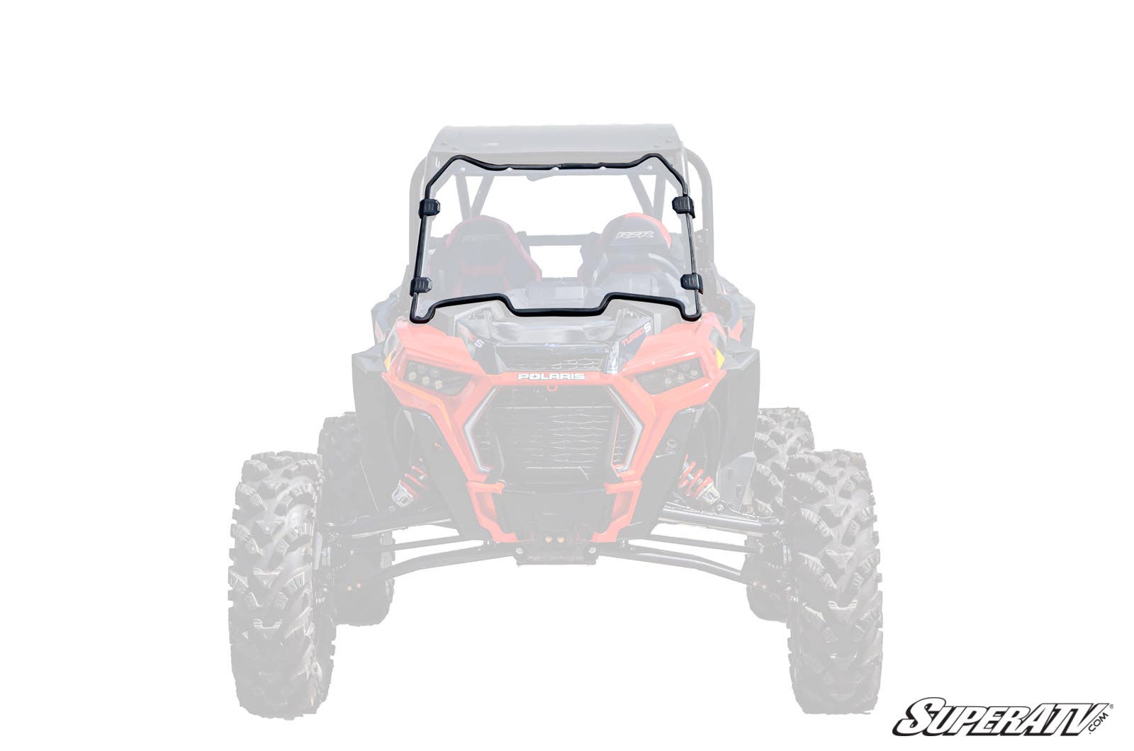 A Polaris RZR XP Turbo S Scratch-Resistant Full Windshield is installed on a red Polaris RZR side-by-side, with the windshield and mounting hardware shown in full color, the vehicle faded, and the SuperATV logo in the bottom right.