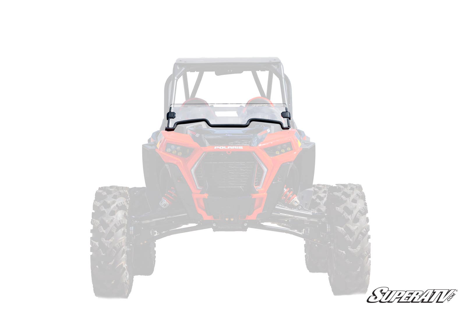 A front view of a red Polaris off-road vehicle is shown with a Polaris RZR Turbo S Half Windshield installed. The background and vehicle are faded to highlight the windshield, with “SuperATV” branded in the lower right corner.