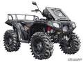 A black Polaris ATV with a 3 Polaris Sportsman XP Lift Kit, large mud tires, a high-mounted SuperATV radiator, sturdy front and rear racks, and red shocks—built for off-road and mudding performance.