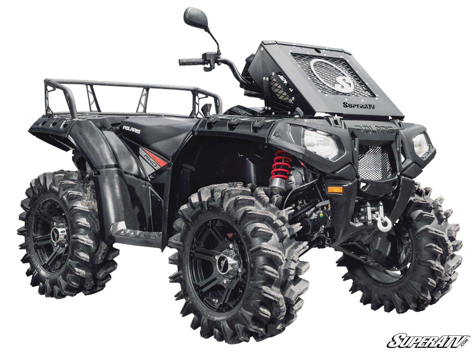 A black Polaris ATV with a 3 Polaris Sportsman XP Lift Kit, large mud tires, a high-mounted SuperATV radiator, sturdy front and rear racks, and red shocks—built for off-road and mudding performance.