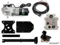 The Polaris Sportsman XP Power Steering Kit includes an EZ-STEER motor, wiring harness, ECU, black mounting plates, brackets, rod, and hardware shown on a white background. The image features “SuperATV” branding.