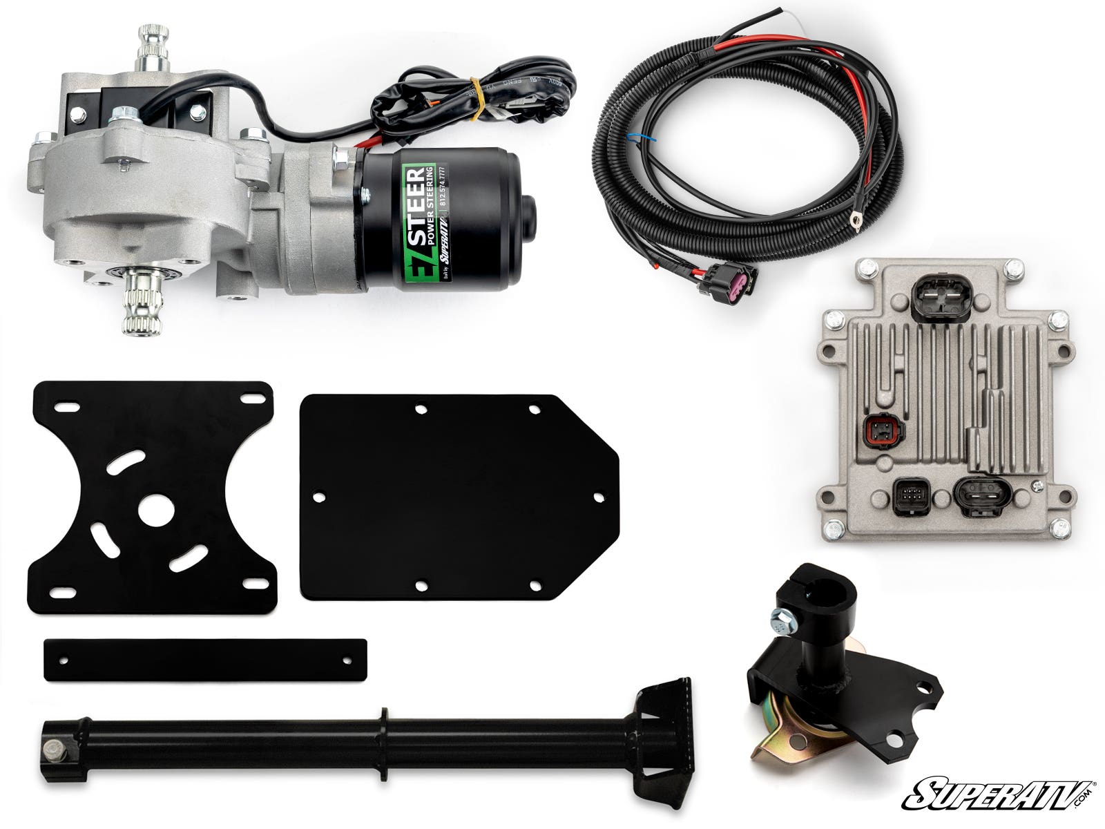 The Polaris Sportsman XP Power Steering Kit includes an EZ-STEER motor, wiring harness, ECU, black mounting plates, brackets, rod, and hardware shown on a white background. The image features “SuperATV” branding.