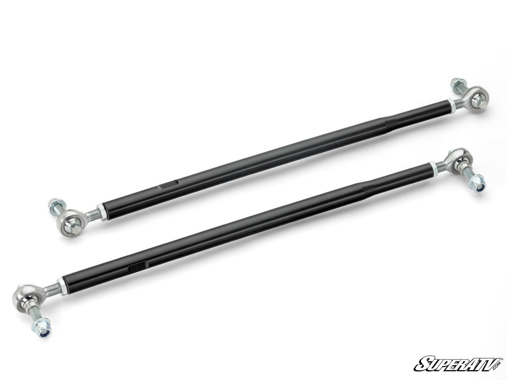 Two black metal rods with silver adjustable rod ends, bolts, and nuts are arranged parallel on a white background. The SuperATV logo appears in the bottom right. These are part of the Polaris Sportsman Heavy-Duty Tie Rod Kit.
