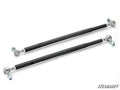 Two black metal rods with silver adjustable rod ends, bolts, and nuts are arranged parallel on a white background. The SuperATV logo appears in the bottom right. These are part of the Polaris Sportsman Heavy-Duty Tie Rod Kit.