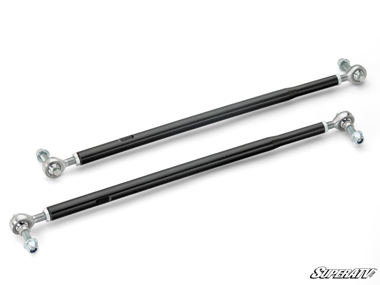 Two black metal rods with silver adjustable rod ends, bolts, and nuts are arranged parallel on a white background. The SuperATV logo appears in the bottom right. These are part of the Polaris Sportsman Heavy-Duty Tie Rod Kit.