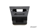 A black Polaris Sportsman Winch Mounting Plate with SuperATV cut out in the center, mounting holes at the top, and a rectangular opening below. The SuperATV logo appears in the bottom-right corner on a plain white background.