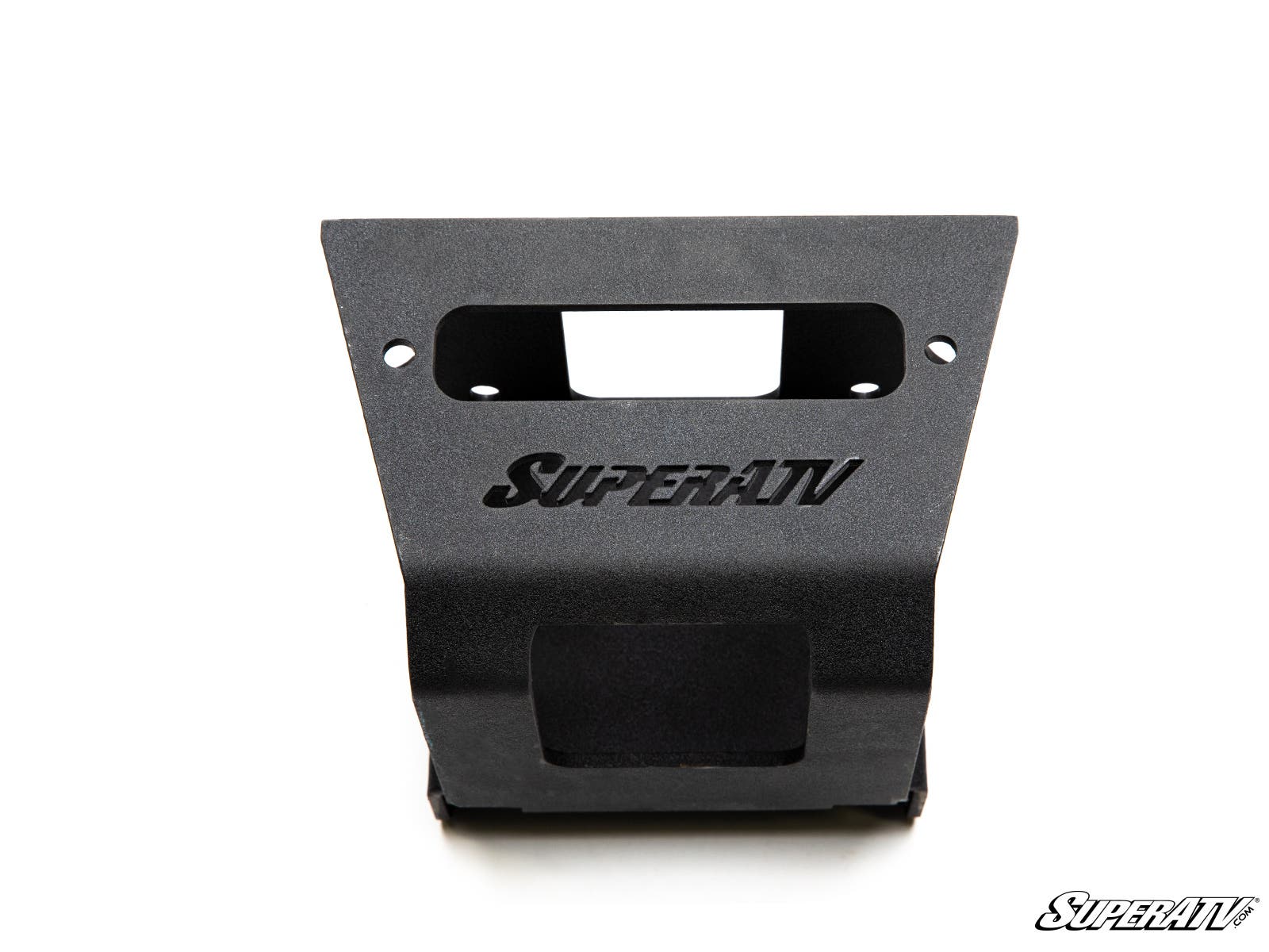 A black Polaris Sportsman Winch Mounting Plate with SuperATV cut out in the center, mounting holes at the top, and a rectangular opening below. The SuperATV logo appears in the bottom-right corner on a plain white background.