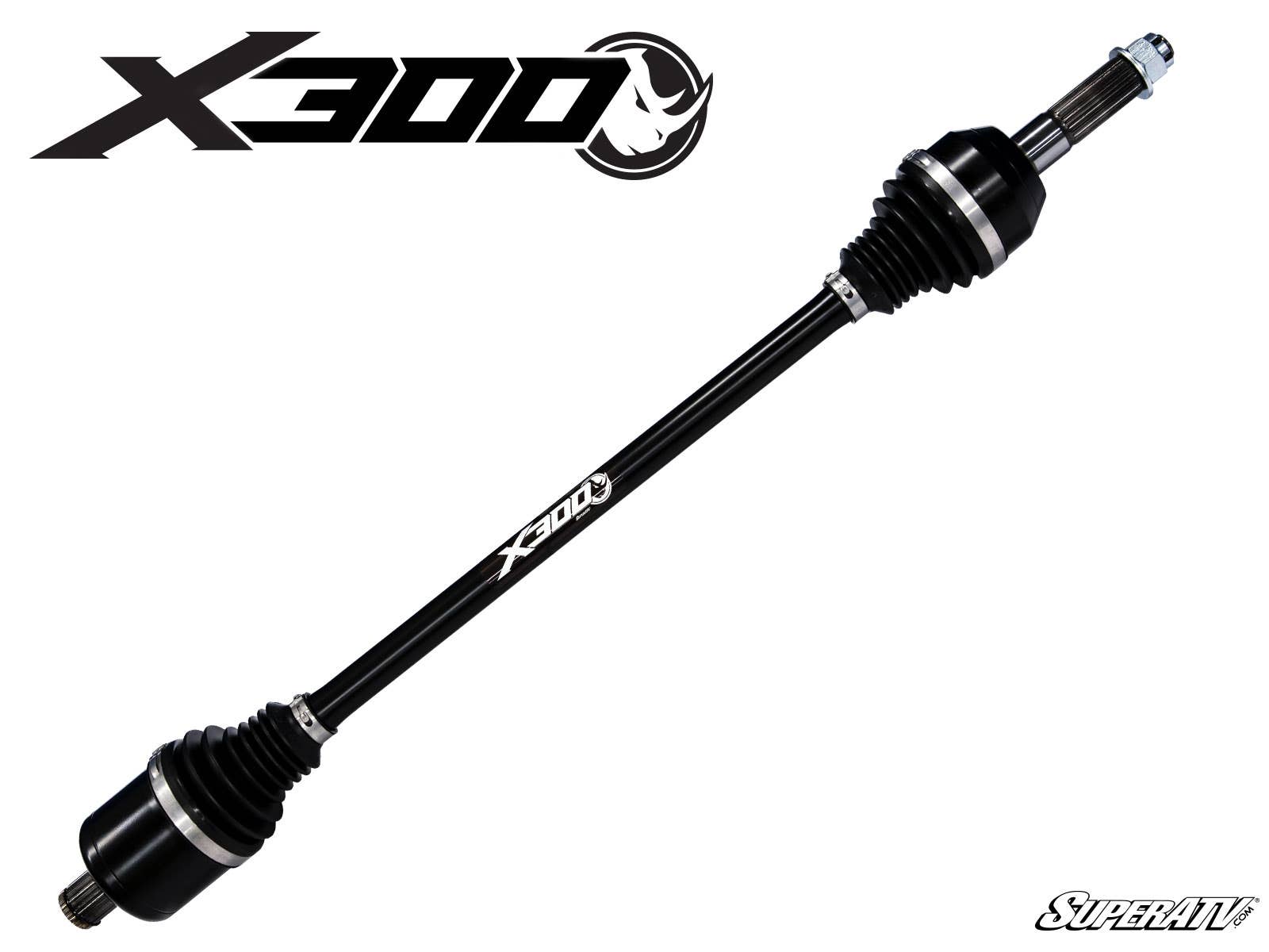 A Polaris RZR 900 Big Lift Kit Heavy-Duty AxleX300, black with rubber boots and metal connectors on both ends, is shown diagonally on a white background. X300 appears at the top left, and the SuperATV logo is in the bottom right corner.