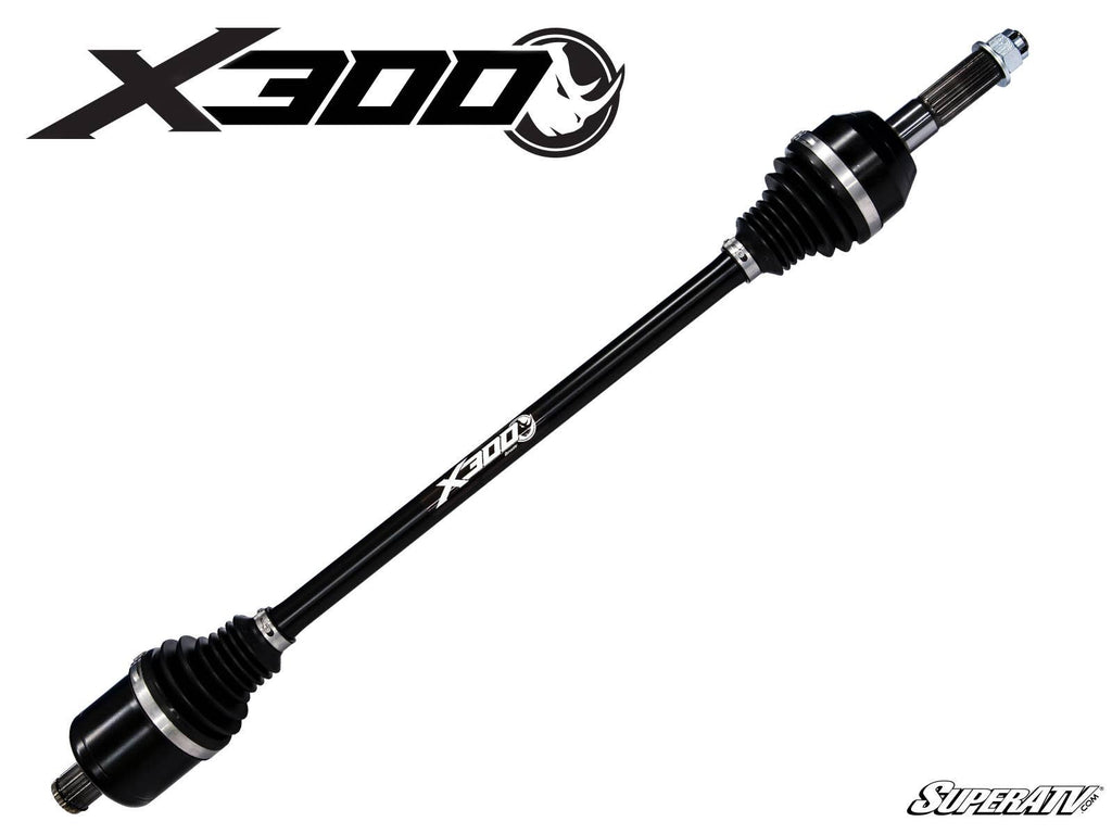 A Polaris Ranger XP 1000 Big Lift Kit Heavy-Duty Axle X300 with black color, silver details, and ribbed rubber boots at both ends is shown diagonally on a white background. X300 appears in the top left; SuperATV is bottom right.