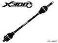 A Polaris Ranger XP 1000 Big Lift Kit Heavy-Duty Axle X300 with black color, silver details, and ribbed rubber boots at both ends is shown diagonally on a white background. X300 appears in the top left; SuperATV is bottom right.