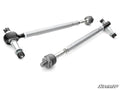 The Polaris Xpedition Heavy-Duty Tie Rod Kit, featuring two silver rods with black ball joints and threaded ends, is shown on a white background. One rod is flat while the other is angled behind it. The SuperATV logo appears in the bottom right corner.