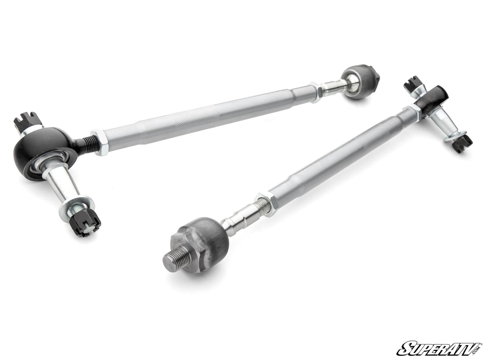 The Polaris Xpedition Heavy-Duty Tie Rod Kit, featuring two silver rods with black ball joints and threaded ends, is shown on a white background. One rod is flat while the other is angled behind it. The SuperATV logo appears in the bottom right corner.