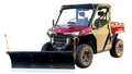 A UTV with black accents and rugged off-road tires is shown on a white background equipped with the Denali Poly UTV 66/72 Snow Plow attached to its front, highlighting the vehicles features and plow attachment.