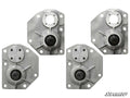 Four silver, angular metal brackets with circular hubs and bolt holes are arranged in a grid on a white background. Each bracket has a black central bearing and ridges. The SuperATV logo appears beside the Arctic Cat Portal Gear Lift Conversion Kit - Gen 